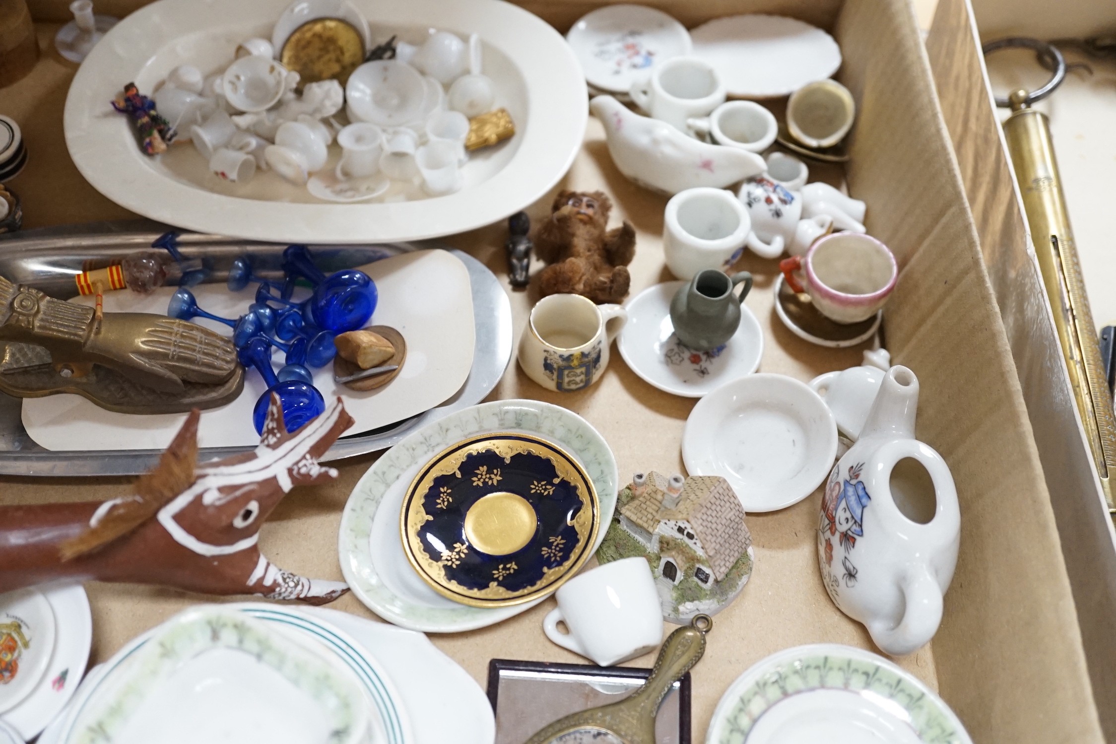 A collection of mixed odd dolls house ceramics including a miniature toy monkey, possibly Schuco